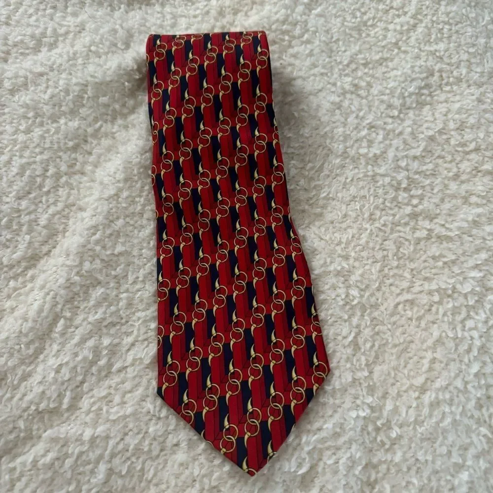 Vintage Paolo Gucci Red Navy Horse Bit Pattern Print Silk Made In Italy Tie